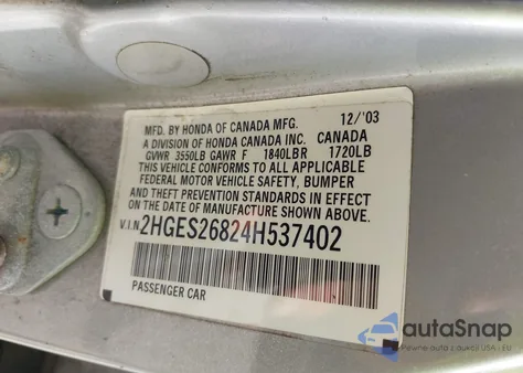 2004 Honda Civic Ex из США, поврежденный, VIN 2HGES26824H537402